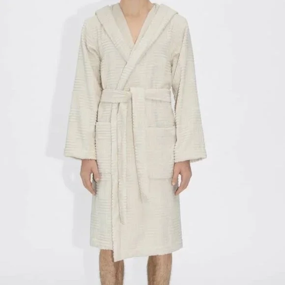 Bottega Veneta Intrecciato Cotton Terry Bath Robe White w/hood 656097 Italy - Picture 4 of 5